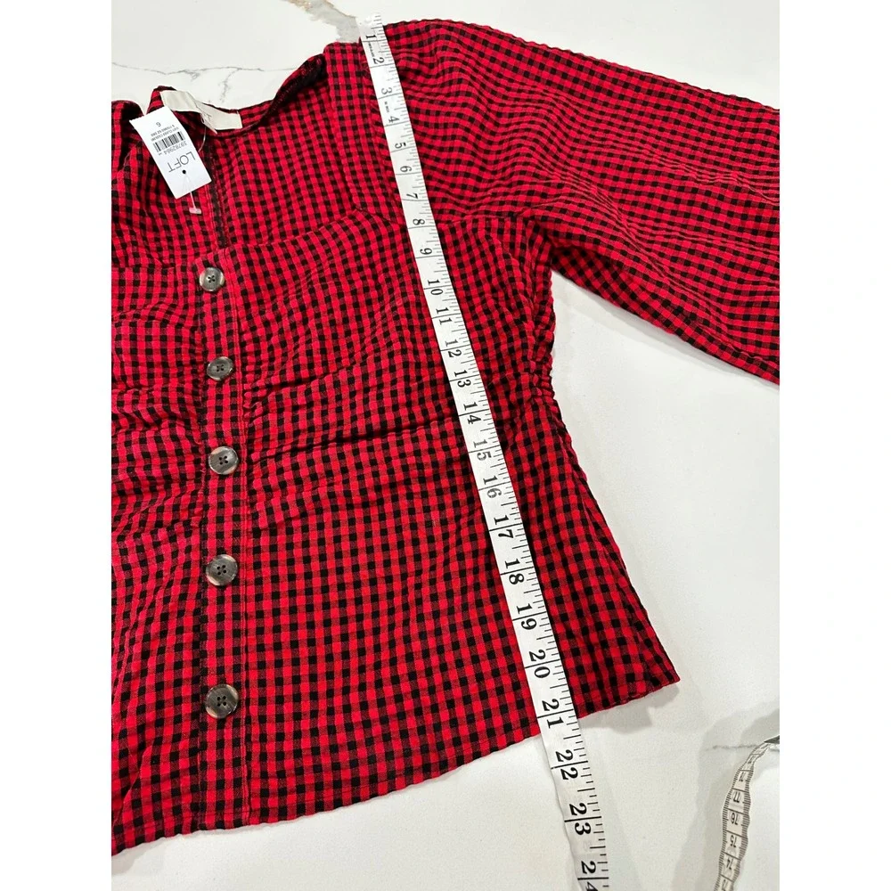 LOFT Red Black Gingham Check Square Neck Button Front‎ Puff Sleeve Blouse Size 6